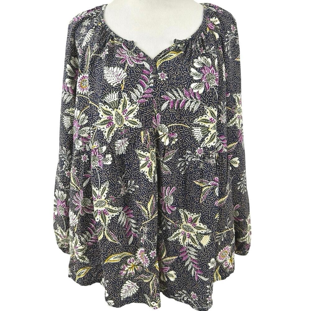 Old Navy Floral Boho Peasant Top Large Purple Long Sleeve Tunic Blouse